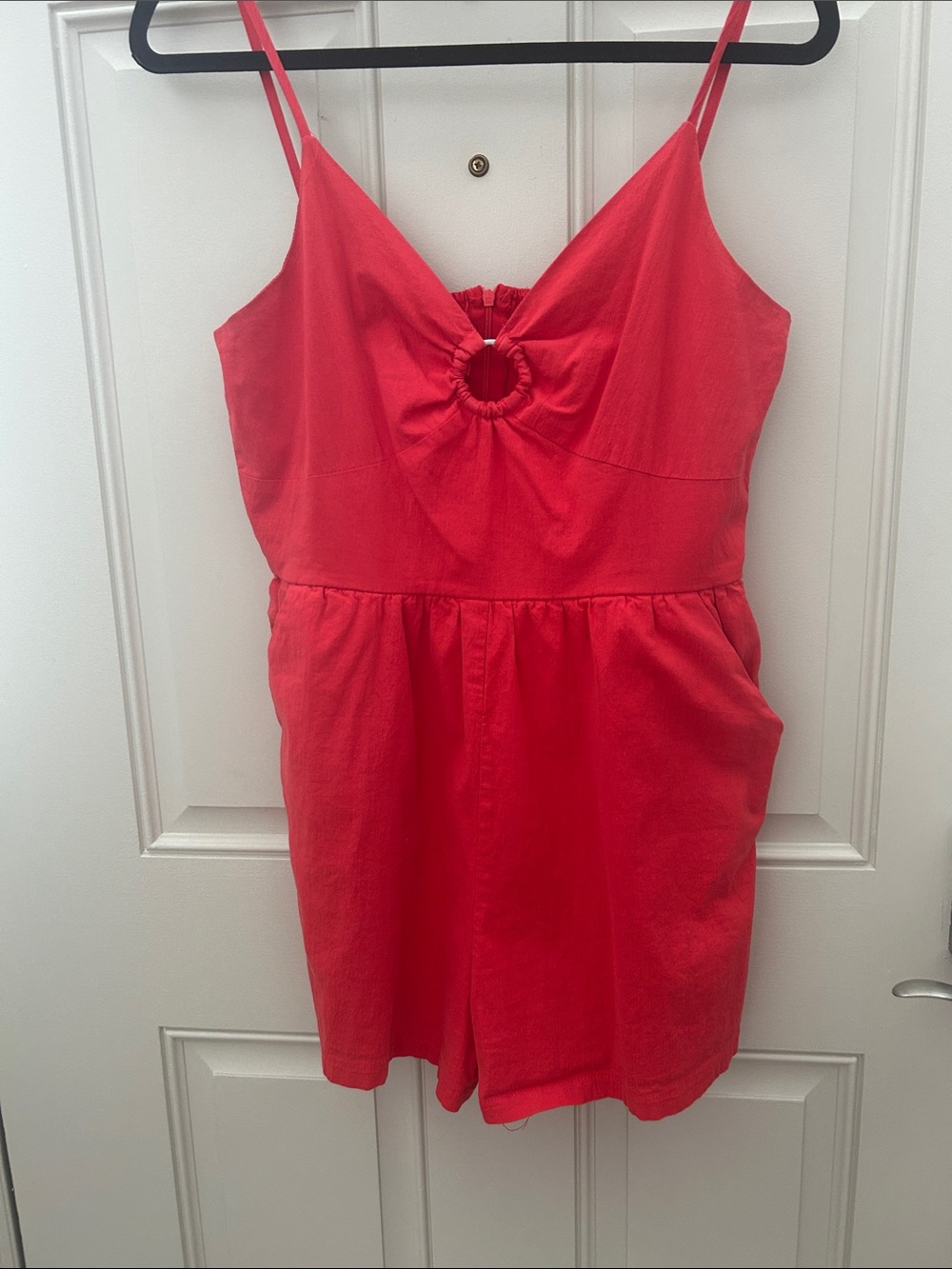 Red Spaghetti-Strap Romper Dress with Ring Front